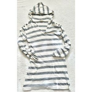 Akini Women's Hoodie Gray White Striped V Neck Pullover Pocket is a lightweight